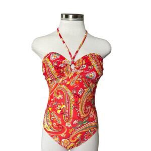 Ralph Lauren Pink Orange Aqua Sunrise Paisley One Piece Bandeau Swimsuit Size 10